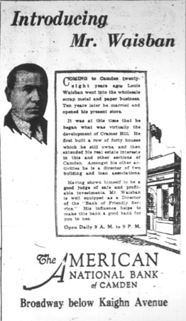 Camden Courier-Post advertisement dated February 10, 1928, with portrait photograph of Louis Waisban and text announcing his appointment as director of the American National Bank of Camden on Broadway
