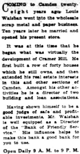 Camden Courier-Post advertisement dated February 10, 1928, introducing Louis Waisban as a new director of the American National Bank of Camden