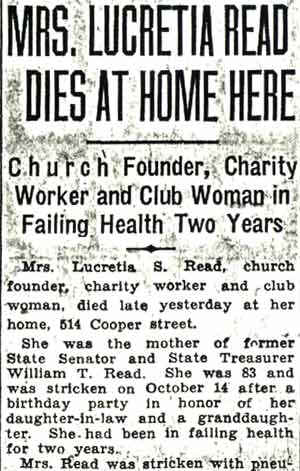 Camden Courier-Post clipping, October 31, 1936: Mrs. Lucretia Read Dies at Home Here — top portion