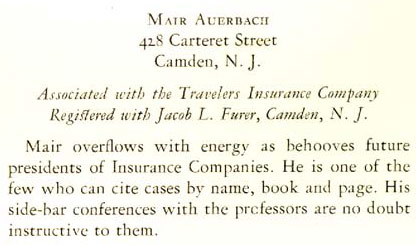 Mair Auerbach entry in the 1930 South Jersey Law School yearbook