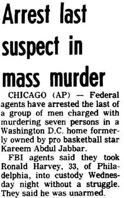 Arrest last suspect in mass murder — Stevens Point Daily Journal March 28, 1974 (column 1)