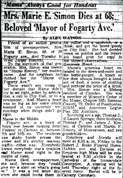 Mrs. Marie E. Simon Dies at 68; Beloved 'Mayor of Fogarty Ave.' — Camden Courier-Post, February 25, 1959