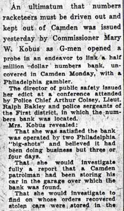 Kobus orders city drive on numbers ring January 12 1938 page 1
