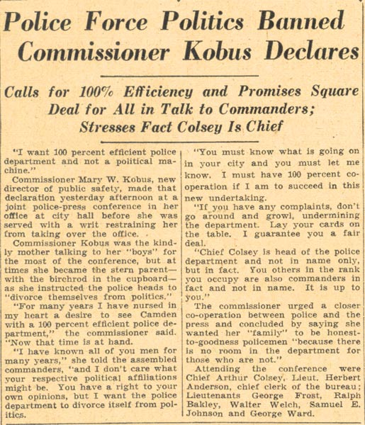 Mary W. Kobus named Commissioner, August 1935