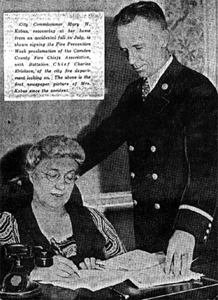 Mary W. Kobus signing Fire Prevention Week proclamation, October 3 1936