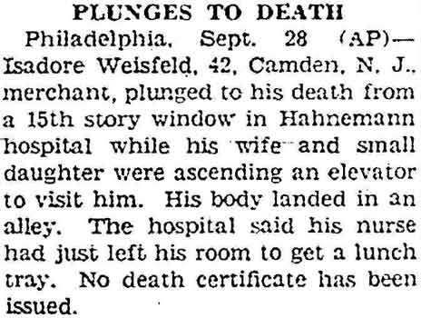 Isadore Weisfeld plunges to death, Gettysburg PA Times, September 28, 1942