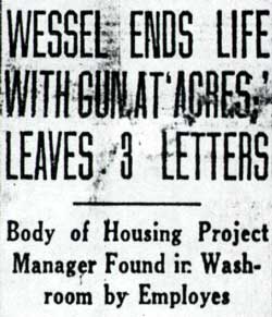 Camden Courier-Post headline, February 18, 1943, Wessel Ends Life With Gun at Acres