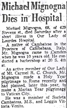 Michael Mignogna Dies in Hospital — Camden Courier-Post, August 31, 1954