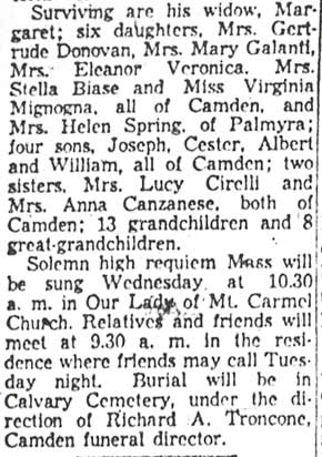 Michael Mignogna Dies in Hospital — Camden Courier-Post, August 31, 1954, continued