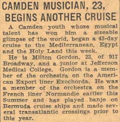 Article about Milton Gordon beginning a Mediterranean cruise, Camden Courier-Post, August 29, 1935