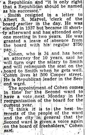 City Rulers Name Cohen Freeholder to Succeed Smith (continued)