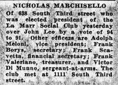 Newspaper clipping: Nicholas Marchisello elected La Marr Social Club president, Camden Courier-Post, January 31, 1938