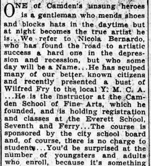 Camden Courier-Post, January 22, 1938, One of Camden's Unsung Heroes, Nicola Bernardo