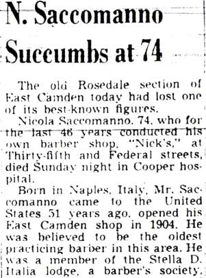 N. Saccomanno Succumbs at 74, Camden Courier-Post, July 31, 1950, column 1