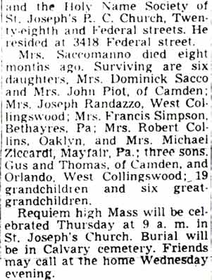 N. Saccomanno Succumbs at 74, Camden Courier-Post, July 31, 1950, column 2