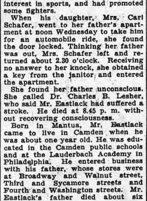 Oscar A. Eastlack, Ex-Grocer, Dies — Camden Courier-Post, January 21, 1938 (part 2)