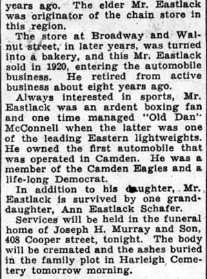 Oscar A. Eastlack, Ex-Grocer, Dies — Camden Courier-Post, January 21, 1938 (part 3)
