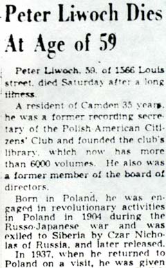 Peter Liwoch obituary from Camden Courier-Post, part 1