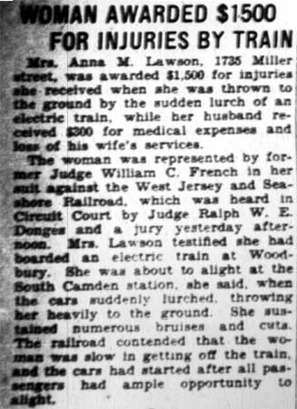 Woman Awarded $1,500 for Injuries by Train — Camden Courier-Post, February 21, 1928