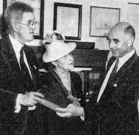 Thomas B. Donaldson, Mrs. Elizabeth Cady Conover, and Ralph W. Wescott at the Walt Whitman Foundation 120th anniversary ceremonies, June 1939