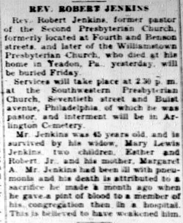 Obituary notice for Rev. Robert Jenkins