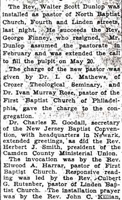 Baptists Install Rev. Walter Dunlop — Camden Courier-Post, October 3, 1936, column 1