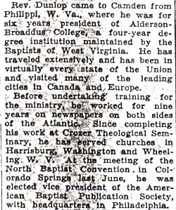 Baptists Install Rev. Walter Dunlop — Camden Courier-Post, October 3, 1936, column 3 continued
