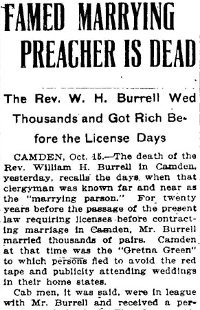 Trenton Times, October 15, 1909 — Famed Marrying Preacher Is Dead (page 1)