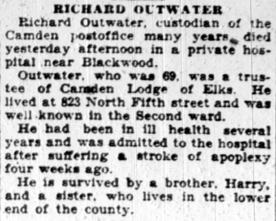 Camden Courier-Post obituary for Richard Outwater, February 9, 1928