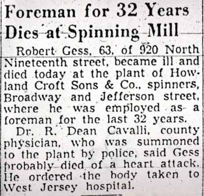 Foreman for 32 Years Dies at Spinning Mill — Camden Courier-Post, June 28, 1950