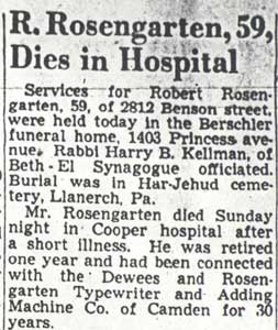 Camden Courier-Post obituary for Robert Rosengarten, January 16, 1950, part 1