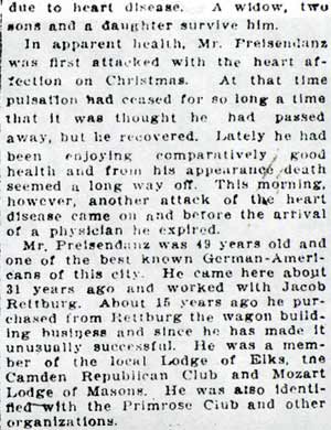Camden Courier-Post, January 28, 1908 — Rud. Preisendanz Dies Suddenly (continued)