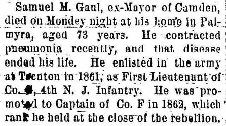 Samuel M. Gaul obituary, Trenton Times, August 28, 1895