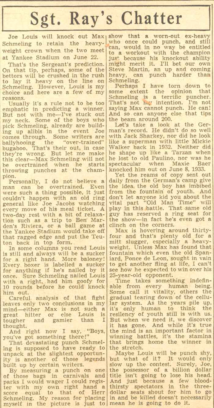 Sgt. Ray's Chatter June 14, 1938 — Louis will KO Schmeling