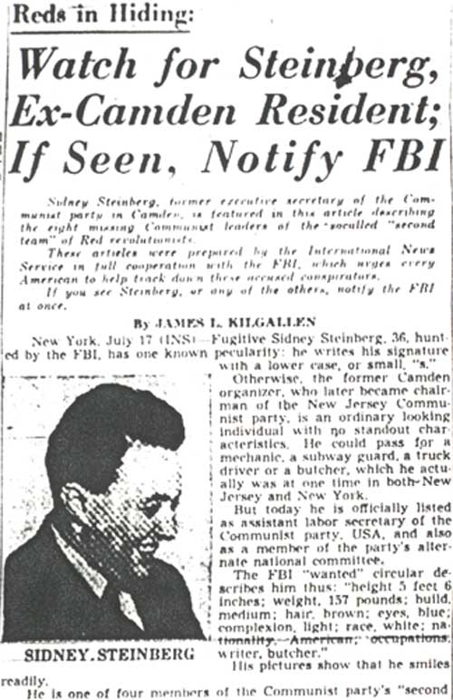 International News Service article, July 17, 1951 — Watch for Steinberg, Ex-Camden Resident; If Seen, Notify FBI