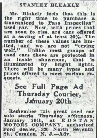 EDSTAN Motors Ford dealership advertisement, January 20, 1938