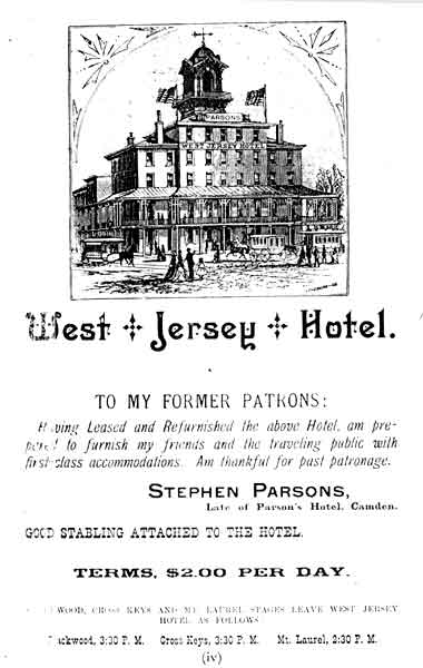 Stephen Parsons advertisement for the West Jersey Hotel, 1883–1884 Camden City Directory