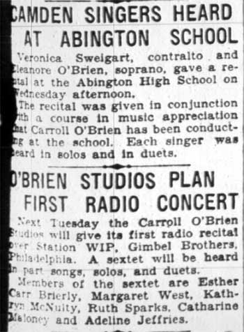 Camden Singers Heard at Abington School; O'Brien Studios Plan First Radio Concert