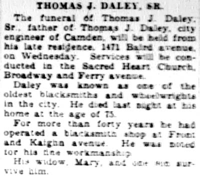 Camden Courier-Post, February 20, 1928 — Thomas J. Daley, Sr. obituary