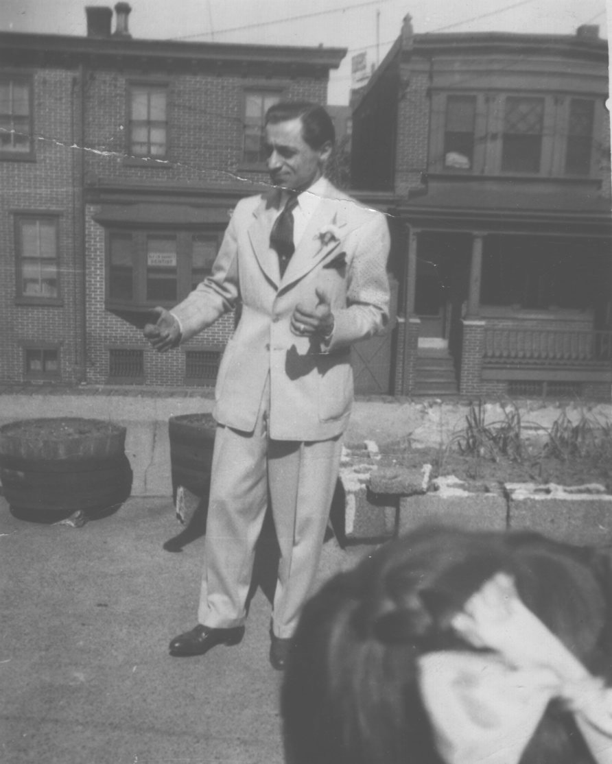 Anthony Gentile on rooftop porch overlooking South 5th Street, late 1940s