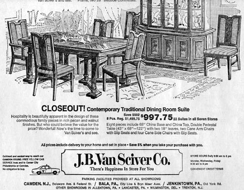 J. B. Van Sciver Co. advertisement, August 4, 1971 — Closeout Contemporary Traditional Dining Room Suite