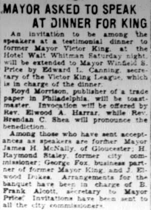 Camden Courier-Post, February 9, 1928 — Rev. Elwood A. Harrar, Victor King, Winfield S. Price, Rev. Brendan C. Shea, H. Raymond Staley