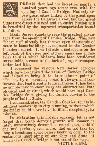 Mayor King's letter on the opening of the Delaware River Bridge, Camden Courier Bridge Edition, July 5, 1926