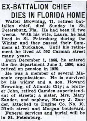 Camden Courier-Post, January 18, 1938 — Ex-Battalion Chief Dies in Florida Home