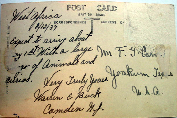 Postcard reverse, mailed by Warren Buck from Sierra Leone, Africa, February 12, 1937