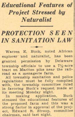 Camden Courier-Post clipping, August 28, 1935, Buck Granted Use of Tract On Marlton Pike for Menagerie, column 1