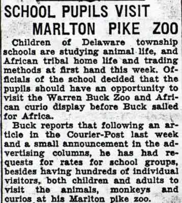 Camden Courier-Post clipping, October 1, 1936, School Pupils Visit Marlton Pike Zoo