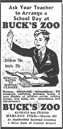 Advertisement for Buck's Zoo at Marlton Pike, 1936
