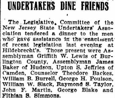 Trenton Times, May 6, 1908 — Undertakers Dine Friends: NJ State Undertakers' Association dinner