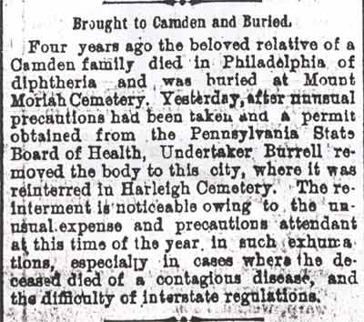 Camden Courier, October 23, 1894 — Brought to Camden and Buried: Undertaker Burrell removes a body from Mount Moriah Cemetery to Harleigh Cemetery